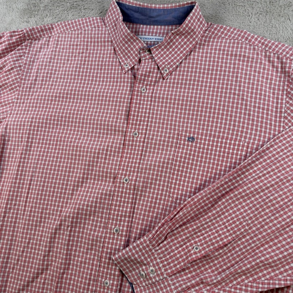 Southern Tide Shirt Mens 2XL Pink Check Long Sleeve Button Down Stretch